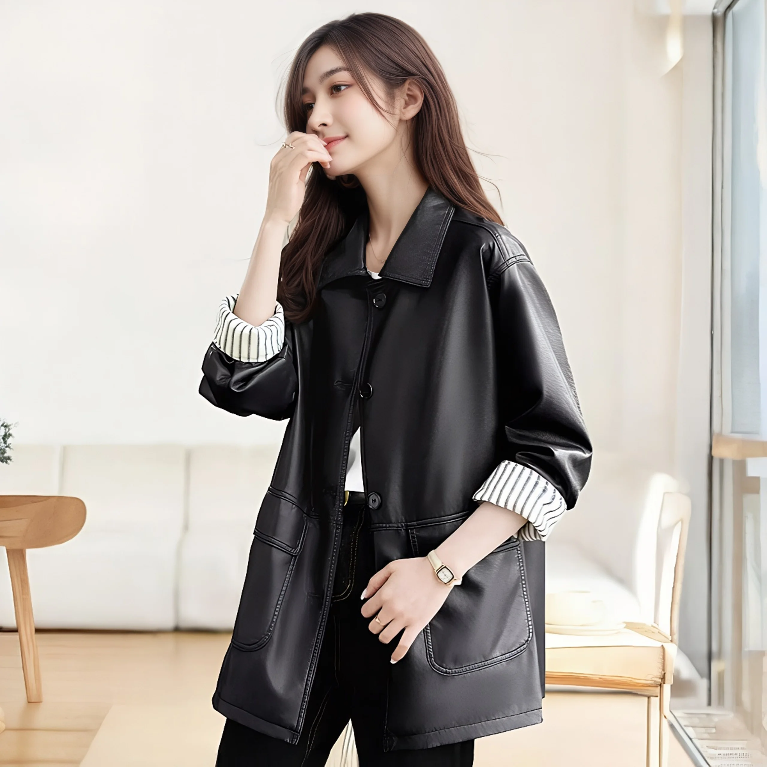 Jaet da donna in pelle di media lunghezza colletto rovesciato casual Hong Kong Sle vestibilità ampia autunno inverno cappotto vintage di fascia alta