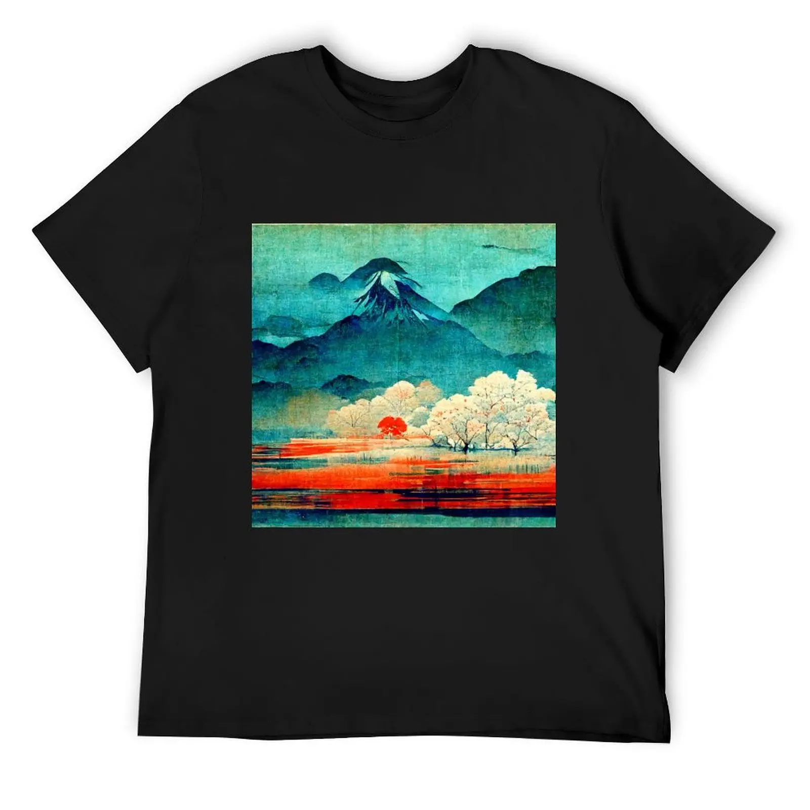 

Japanese artwork mountain with sakura and lake in forefront T-Shirt oversized graphic tee t shirts for men