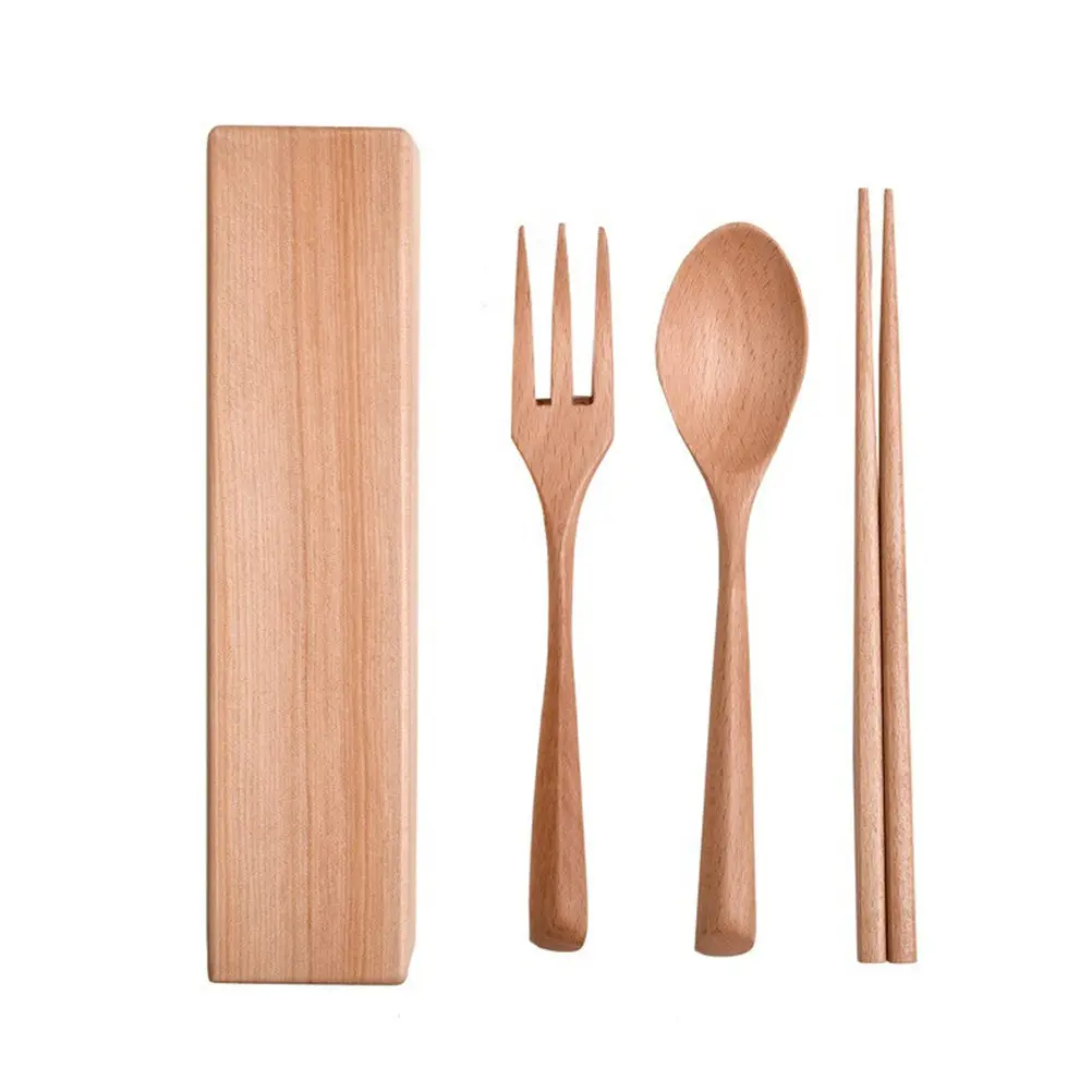 1Set Natural Wood Cutlery Set Molding Design Smooth Safe Spoons Forks for Outdoor Dining on The Go Portable Tableware