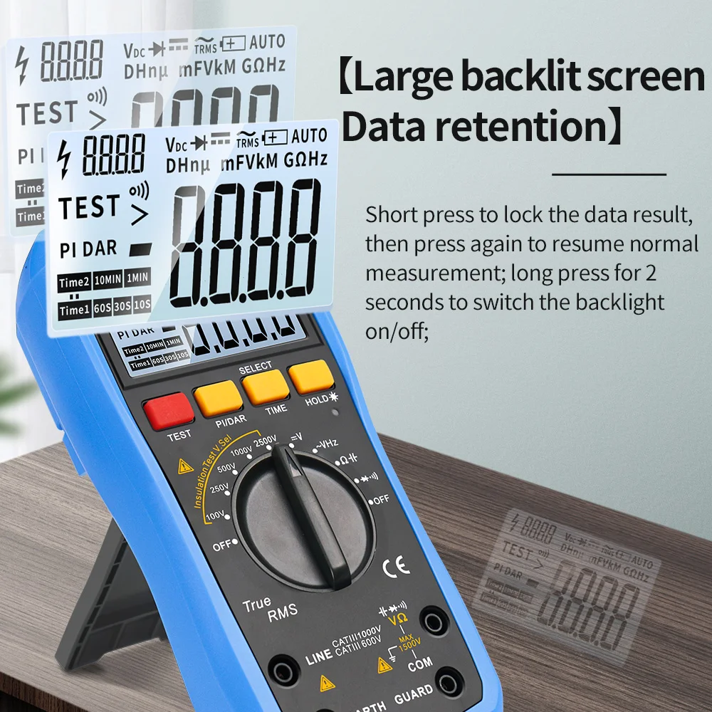 SK-505B مقياس Megohmmeter الرقمي المتعدد 2 في 1 2500 فولت جهاز اختبار مقاومة العزل مع شاشة عرض خلفية PI/DAR قابلة لإعادة الشحن #3