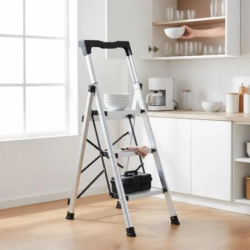 

3 Step Ladder, Folding Step Stool with Wide Anti-Slip Pedal and Comfort Handgrip, 330 lbs Capacity Portable Aluminum Stepladder, Multi-Use for Kitchen, Warehouse, Household and Office, Silver