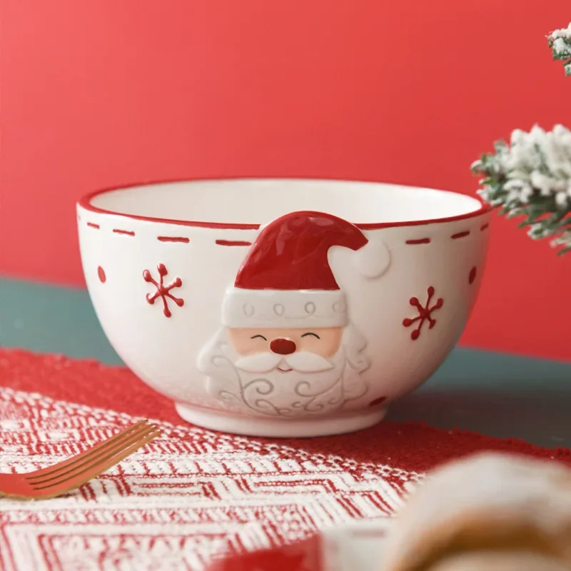 1Pcs Nordic Ceramic Santa Claus Bowl Creative Embossed Fruit Salad Bowl Western Salad Bowls Home Tableware Christmas Gift
