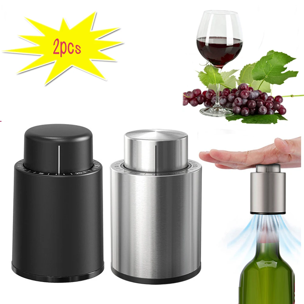 

Stainless Steel Vacuum Wine Bottle Stopper Cork Press Type Sealed Storage Fresh Keeper Bar Tools 2PCS