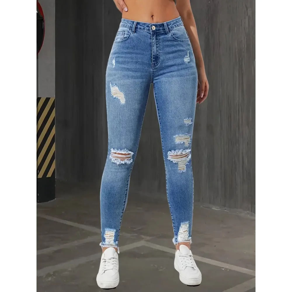 

Джинсы с дырками, женские брюки-карандаш, эластичные потертые рваные брюки до щиколотки с высокой талией, женские винтажные уличные брюки 2025 года
