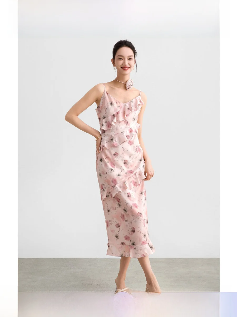 

ROCO Summer Floral Print Off-Shoulder Chiffon Dress Women's V-Neck Long Dress Tea Break Retro High Waist A-Line Skirt Dress