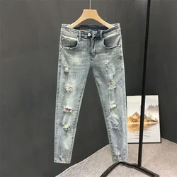 Trendy Korean Style Streetwear Men's Classic Jeans with Holes for Summer Stretchy Distressed Holes Stretch Skinny Pants Male