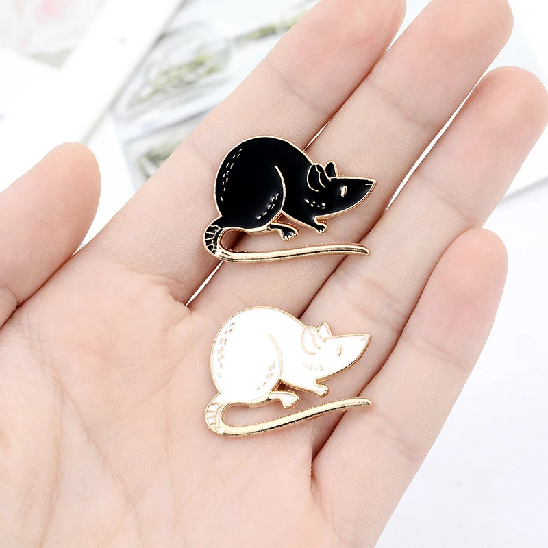 Black White Rats Enamel Pin Custom Mouse Brooches Animal Badge Bag Shirt Lapel Pin Buckle Simple Jewelry Gift for Friends