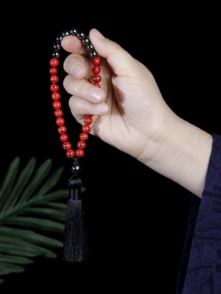 Muslim 33 beads bracelet with tassels,8mm malachite and red pine bead bracelet,rosary Prayer bracelet