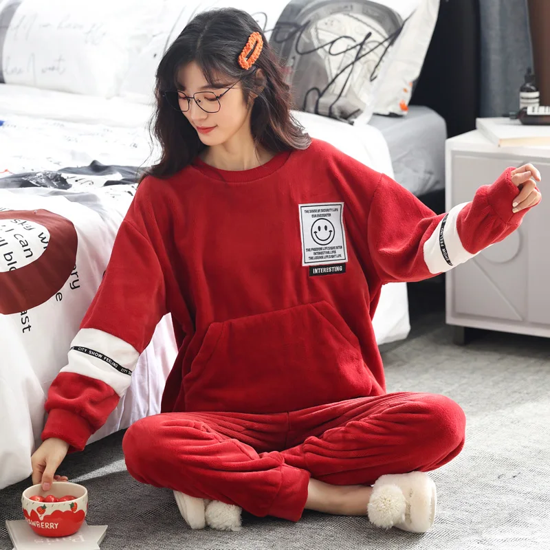 Winter Women Flannel Pajamas Set Female Thick Warm Solid Casual Home Clothing