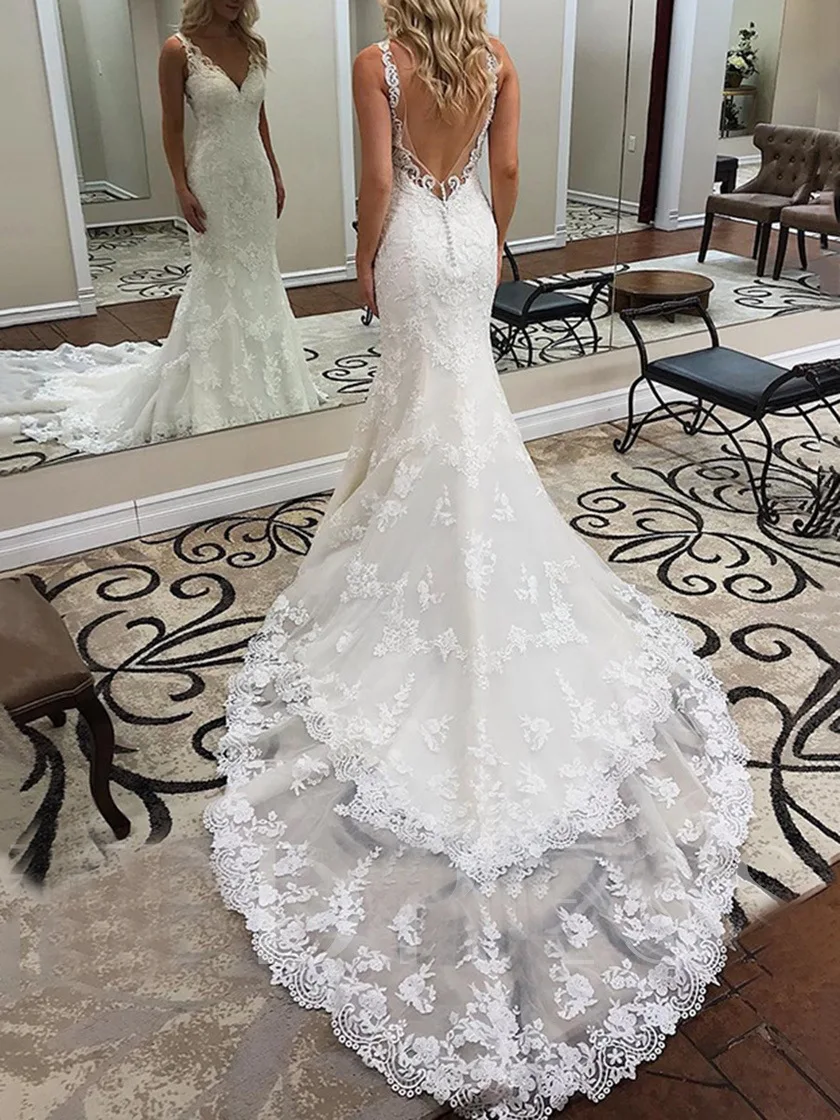 VENSANAC Real Photos Lace Appliques Mermaid Wedding Dresses Deep V Neck Backless Court Train Bridal Gown