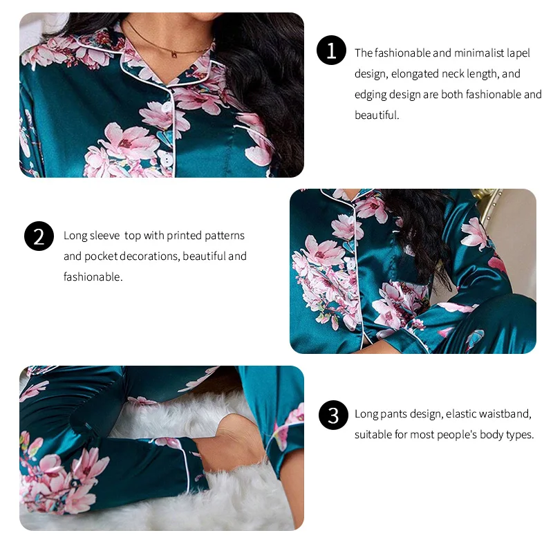 Pajamas For Women Flower Print Satin Long Sleeve Lapel Sleepwear Pajama Pants Home Clothes Nightwear Pyjama Femme Lounge Pj Set