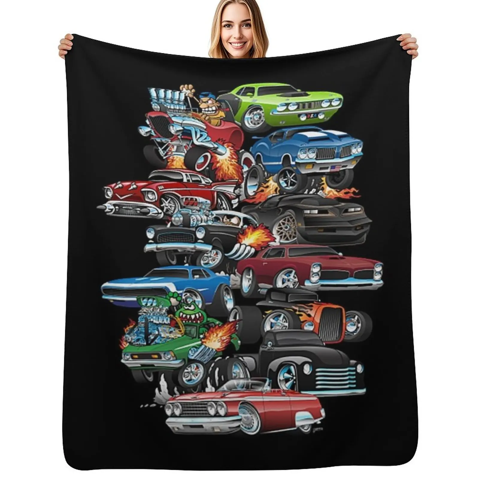 Car Madness! Muscle Cars and Hot Rods Cartoon Throw Blanket Outdoor Soft Blanket for Picnic Beach Camping