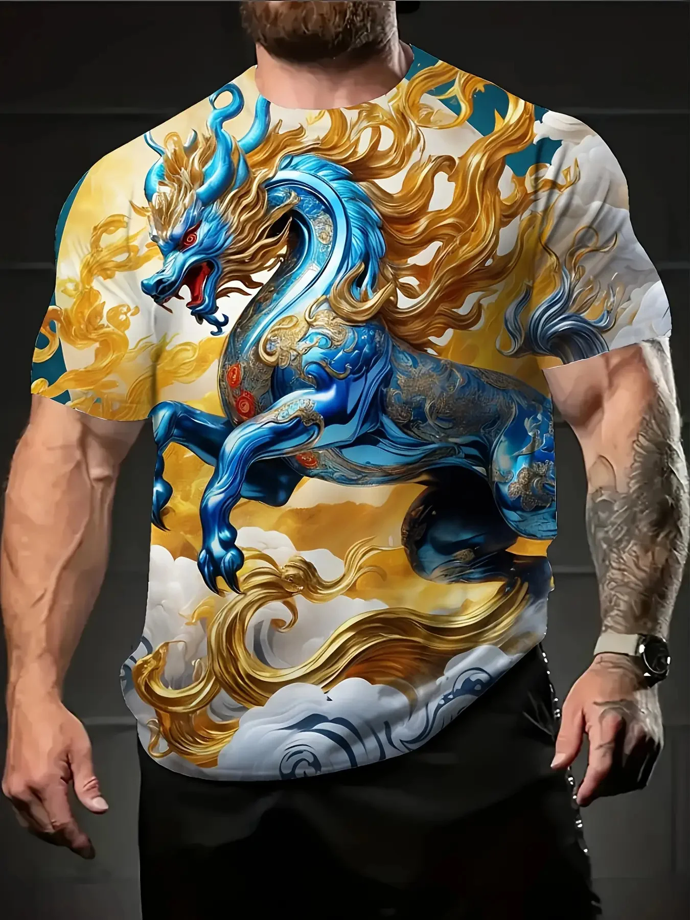 Men's 3D Kirin Pattern T-Shirt - Bright Gold & Blue Dragon Print, 100% Polyester, Breathable & Elastic, Machine Washable,