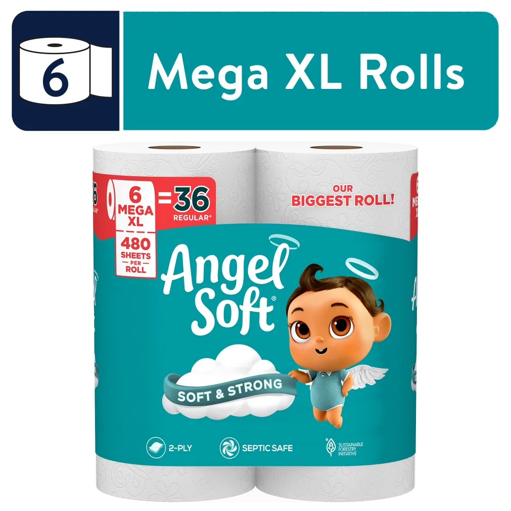 Angel Soft Mega XL Toilet Paper 6 Rolls 480 Sheets