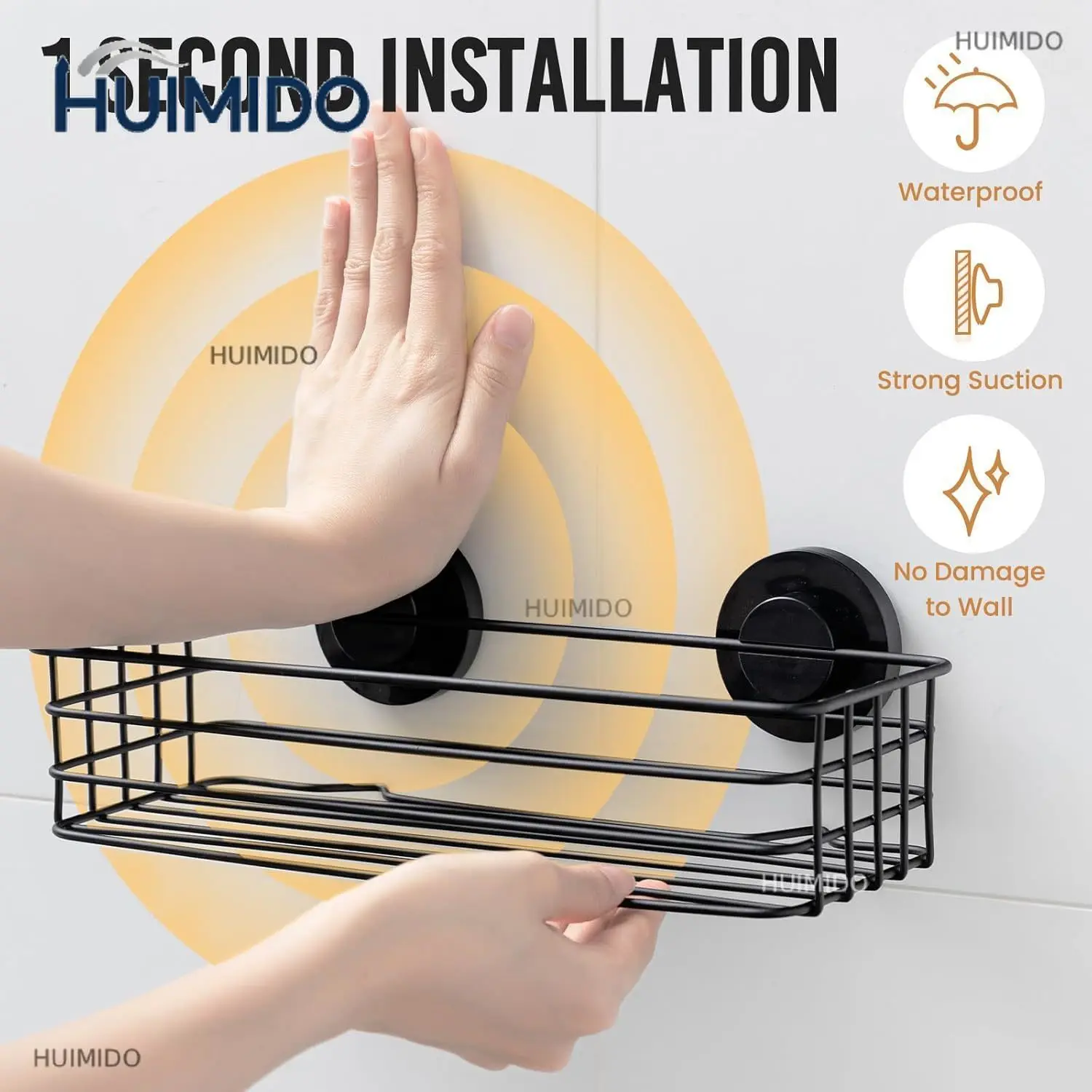 Heavy-Duty Rustproof Black Shower Caddy 3-Pack Suction Cups Stainless Steel Hooks Soap Modern Removable Bathroom Organizer