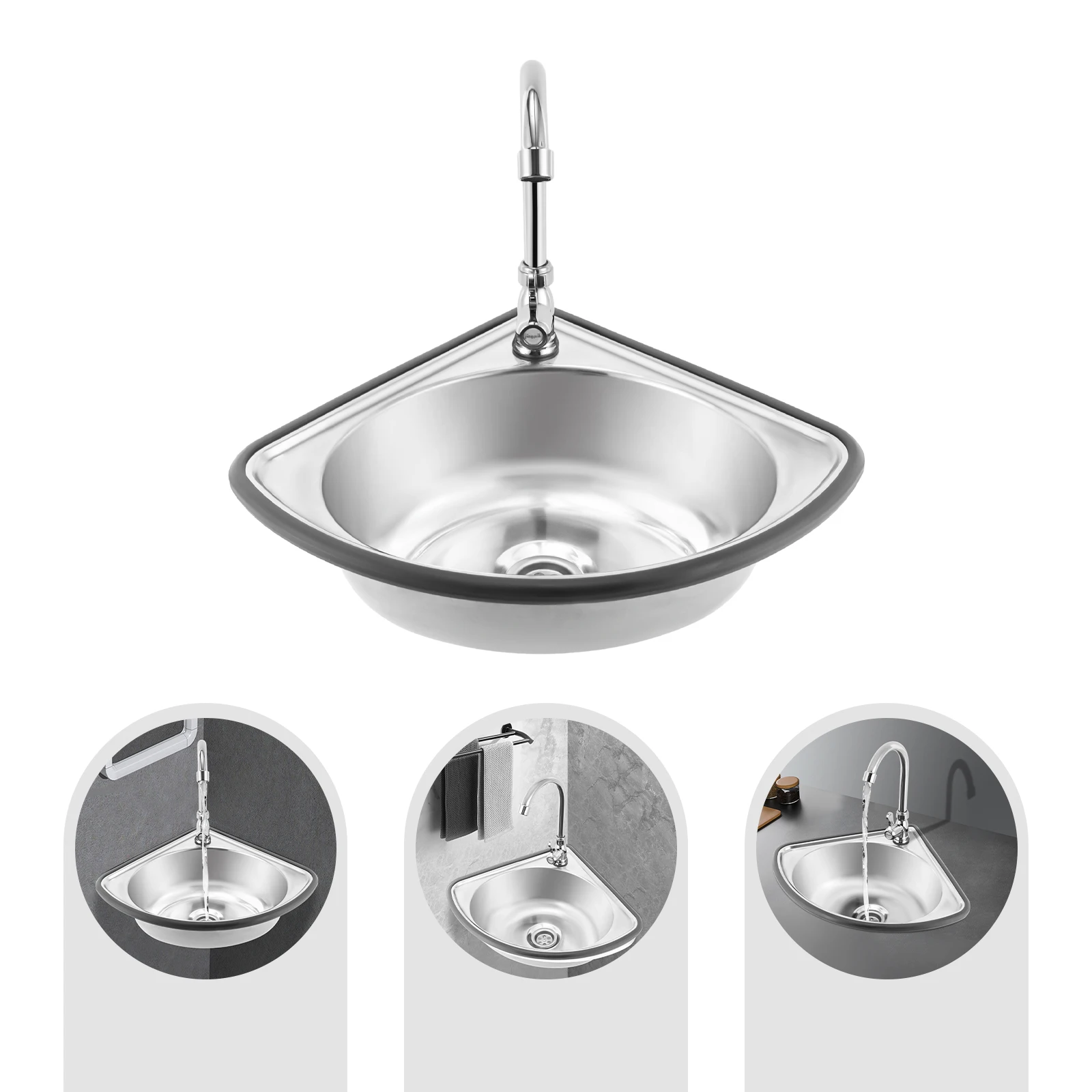 44*37cm Stainless Steel Triangle Hand Wash Basin Thick Small Sink Corner Wall-mounted Single