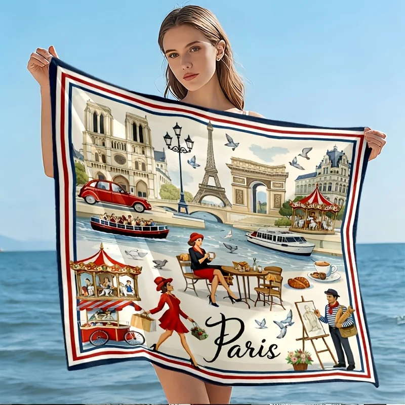 

[] Soft, fashionable and beautiful Paris landmark illustration style "Paris" slogan headscarf square scarf, skin-friendly, breathable and comfortable, daily commuting/shopping/workplace office/campus school,