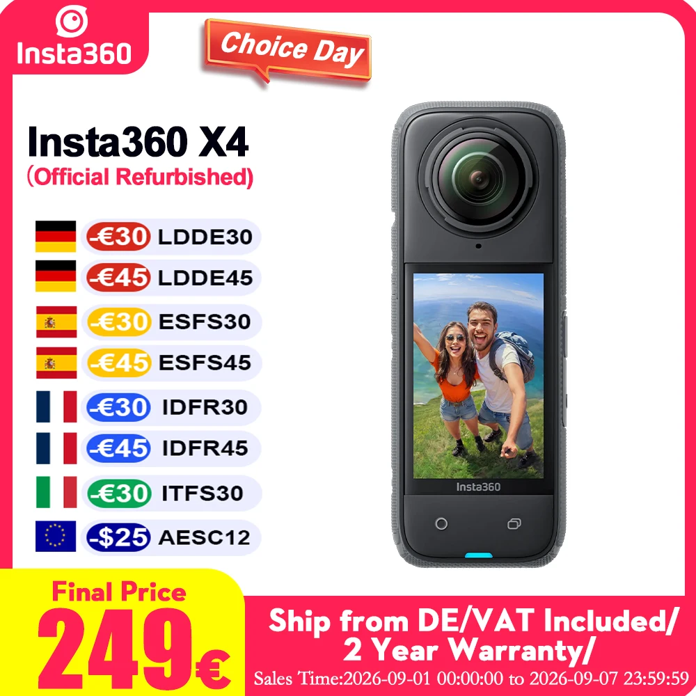 Insta 360 X4 Ricondizionato Ufficiale Immersivo 360 ° Videocamera, Action Cam Sportiva Panoramica 8K con Anti-Shake, Controllo Gestuale AI, Prospett