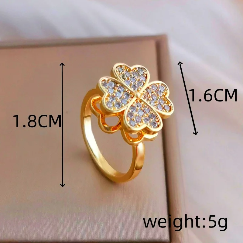 Four-leaf Clover Full Cubic Zirconia Rotatable Opening Adjustable Rings Women Gold Silver Color Copper Metal Ring Party Jewelry image 6