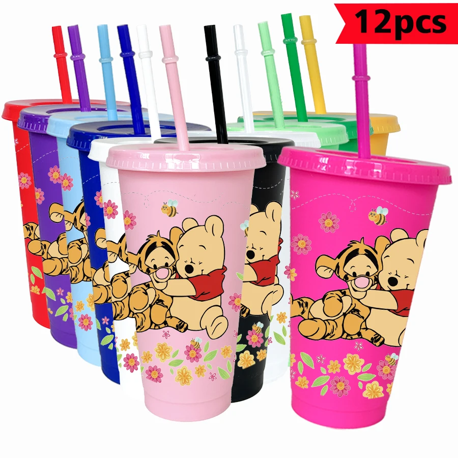 

12 pcs/pack Disney, Winnie the Pooh, Bee Flowers 26oz Colored Plastic Tumbler Birthday Party Drinking Utensils Juice Coffee Mug
