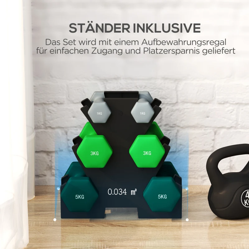Ensemble d'haltères, 6 haltères avec support, 2 x 1 kg, 2 x 3 kg, 2 x 5 kg, ensemble d'haltères en métal pour fitness, gymnastique, maison