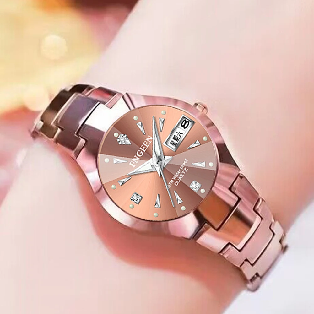 FNGEEN Couple Watch Waterproof Casual Fashion Women Men Quartz Watches Ladies Stainless Date Week Men Clock Lover\'s Date Gift