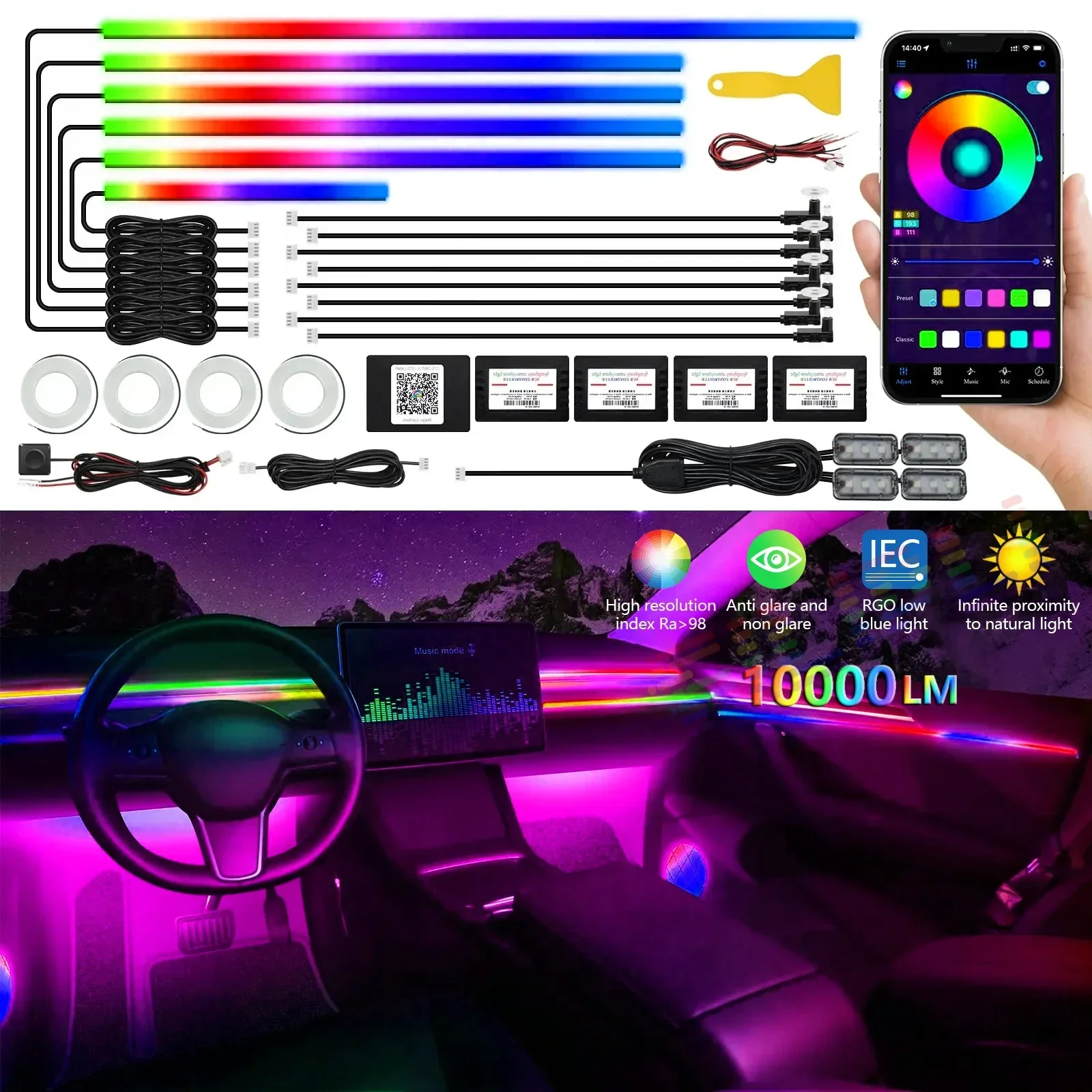 22 In 1 Full Color Streamer Car Ambient Lights RGB 64 Color Universal LED Interior Hidden Acrylic Strip Symphony Atmosphere Lamp