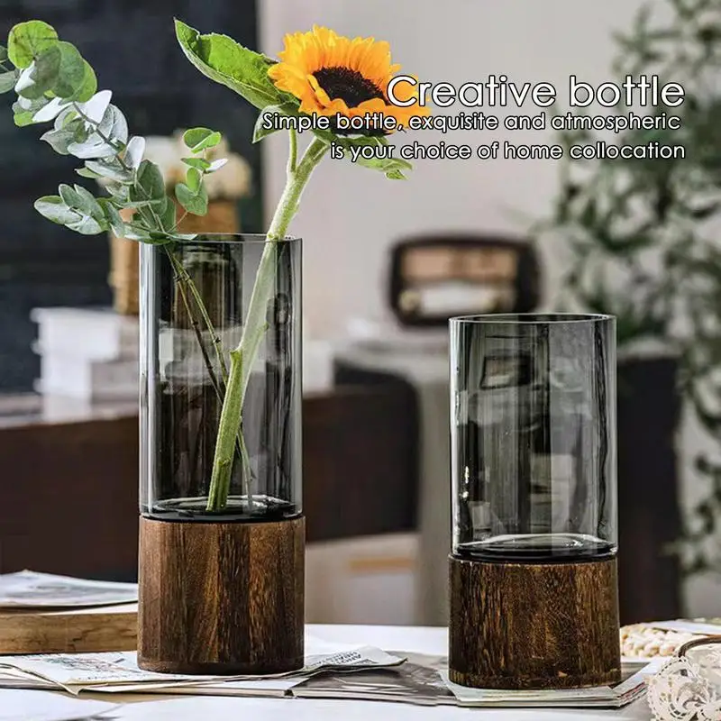 Cylindrical Flower Vase Cylindrical Glass Flower Vase with Wooden Base Multifunctional Rustic Style Flower Arrangement Pot