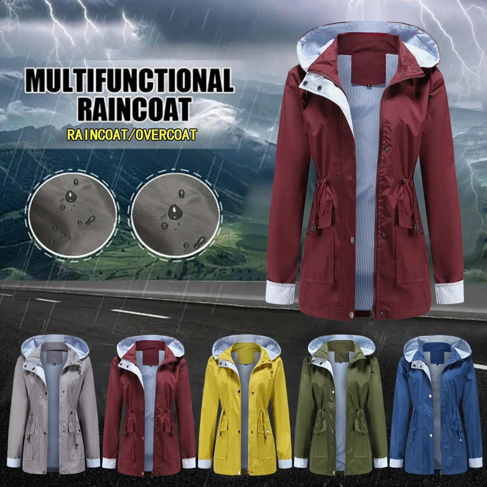 

Waterproof Jacket Women Hooded Trench Fashion Outdoor Windbreaker Coat Loose Striped Lining Drawstring Long Blazer Autumn Winter