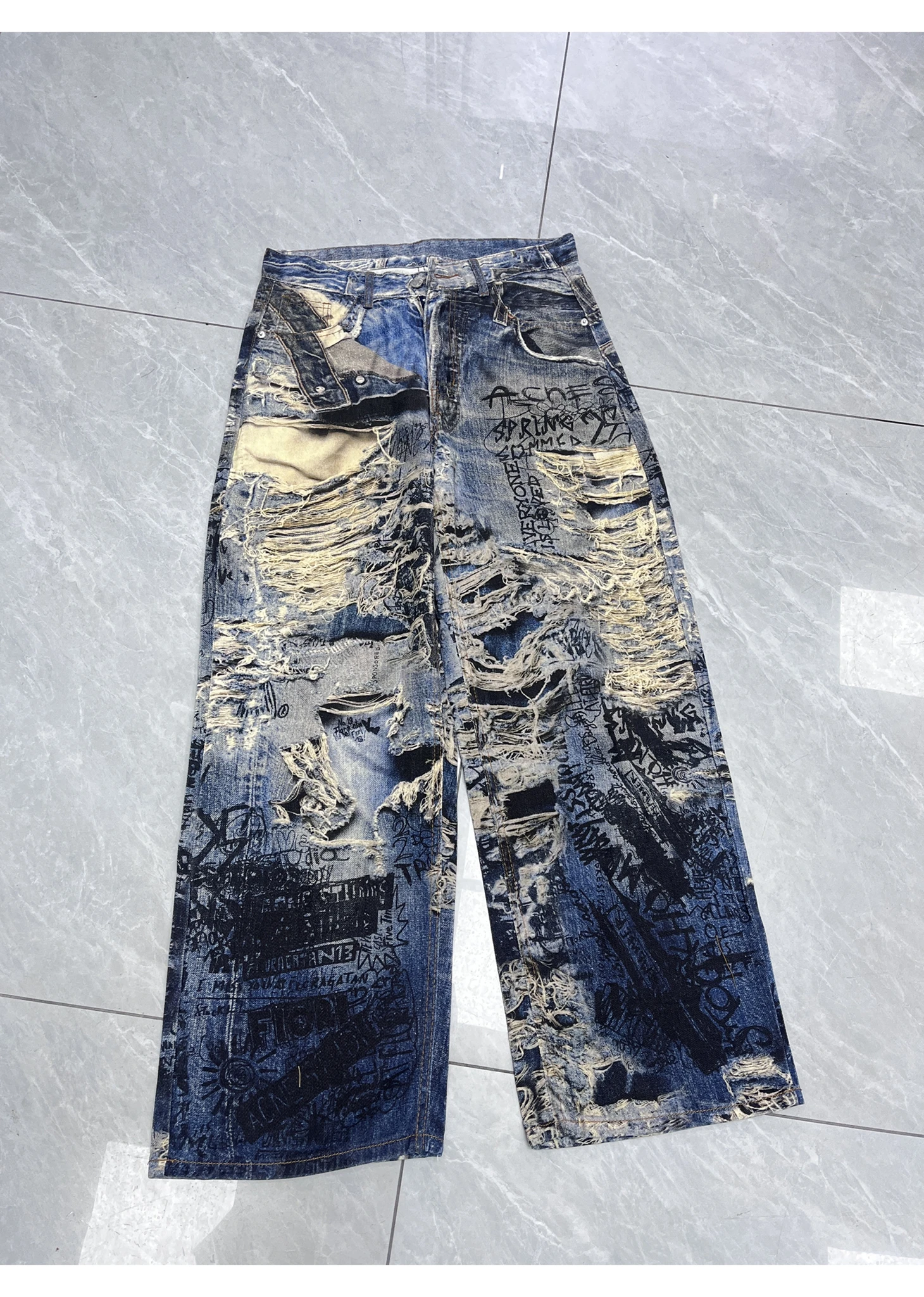 شيك موضة المرأة ثلاثية الأبعاد جينز مطبوع الأمريكية الرجعية القذرة عالية الخصر عادية الدينيم السراويل الإناث العصرية Harajuku نمط الشارع