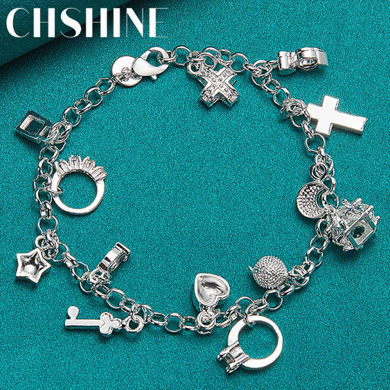 

CHSHINE 925 Sterling Silver Moon Star Heart Cross Lock Key Ring Pendant Bracelet For Women Wedding Party Fashion Jewelry