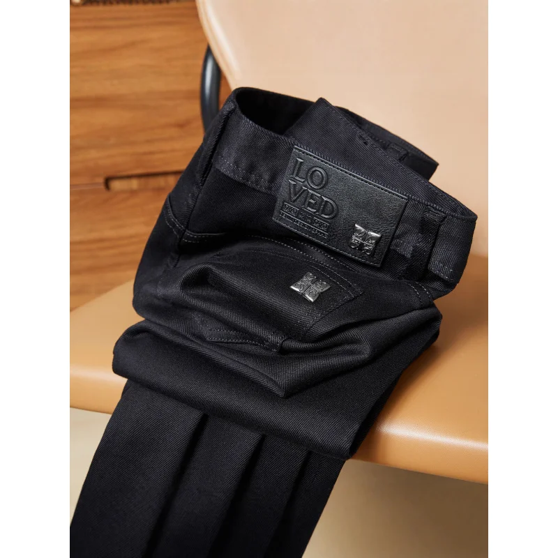 Autumn and winter black men's jeans thick, high-end small straight leg casual European version men's pants
