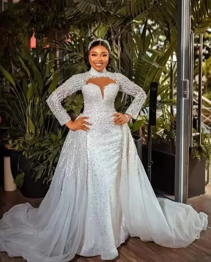 

Customized Mermaid Long Sleeves Satin High Quality Tail 2 Wear Detachable Wedding Dresses