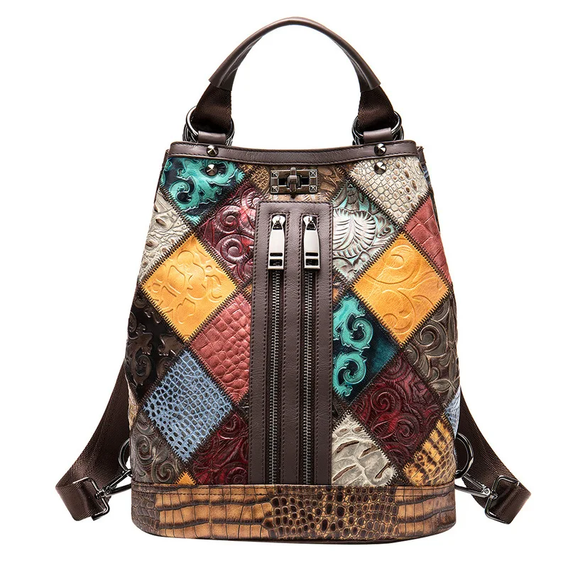 New model National Guofeng Lady's Leather Double Shoulder Bag, Cowhide Bucket Bag, Away Travel Double Shoulder Backpack