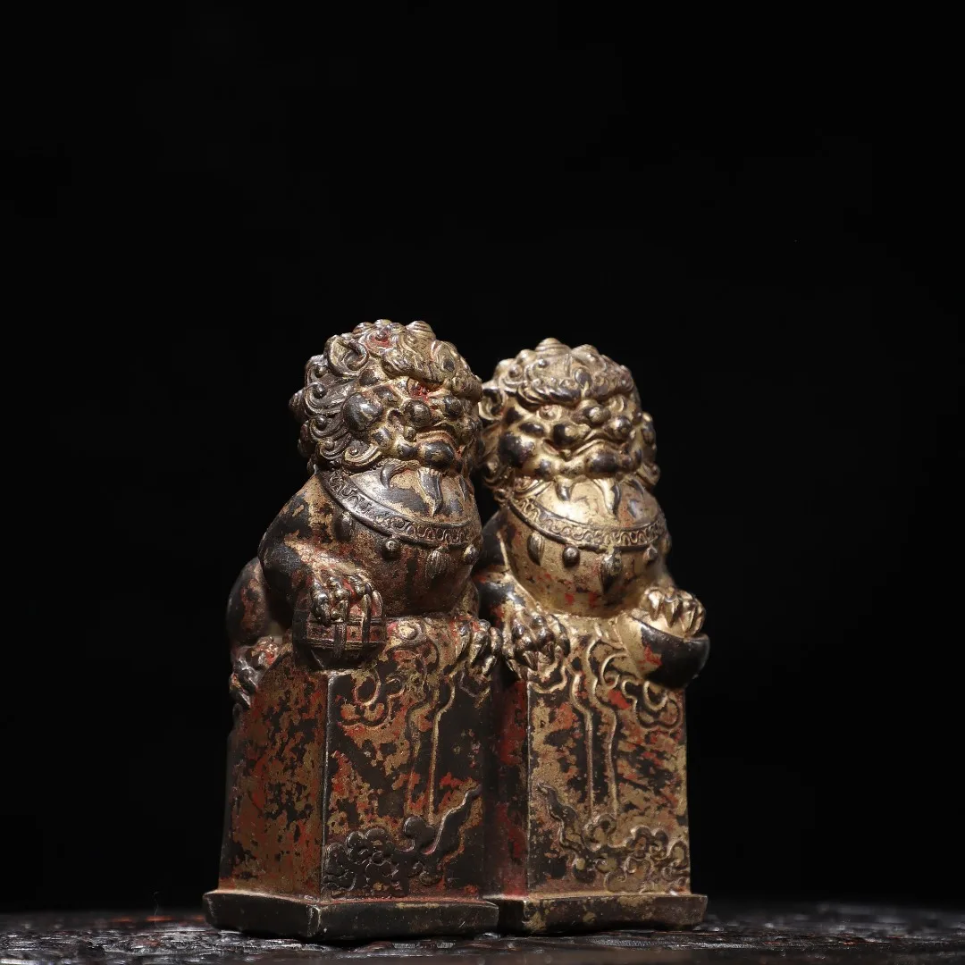 Chinese copper Guardian Foo Fu Dog Phylactery Door Lion Ball Kid Pair Statue,#01