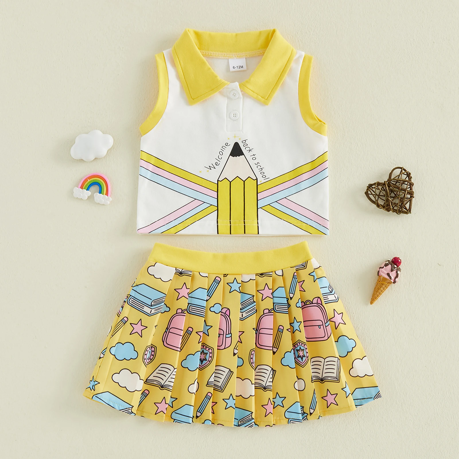 1-4Y Baby Girl Back to School Outfits Sleeveless Collared Tank Tops Pleated Skirt Set Toddler Kids Clothes Preppy School Style