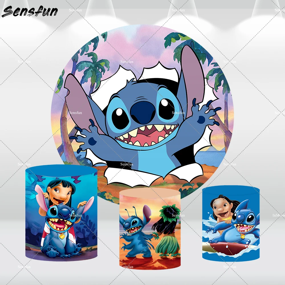 Cubierta de fondo redonda de dibujos animados para decoración de Baby Shower, cubierta de cilindro de mesa de Lilo y Stitch, Hawaii, Verano