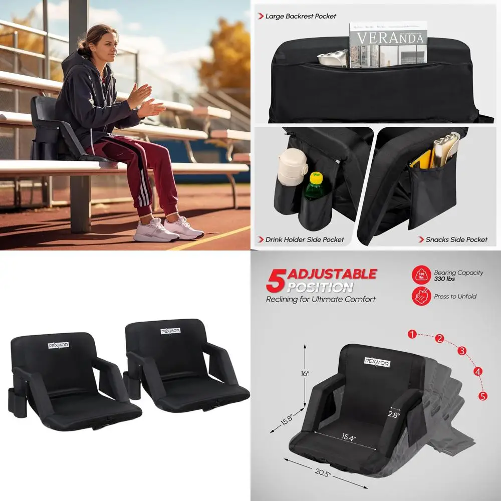 

Комплект из 2-х стадионных кресел с поддержкой для спины, 5-позиционные откидные сиденья для трибун с подушкой и подлокотниками, портативные мягкие стулья с подкладкой.