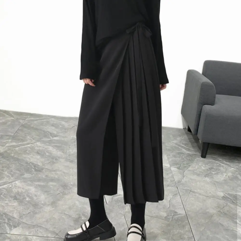 Women Pants Dark Style Black Individual Mid-calf Length Pants Solid Color Pleated Fake Two-piece Irregular Cropped Pants