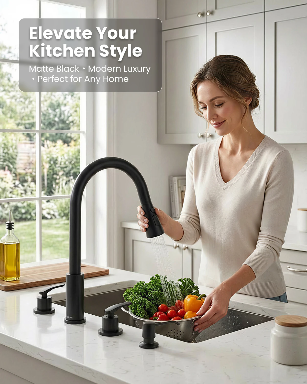 DAYONE 2 Handles 3 Hole Kitchen Sink Faucet with Separate Handle and 3 Modes Pull Down Sprayer