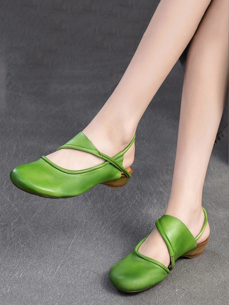 

Birkuir Retro Low Heel Closed Toe Sandals Shoes For Women Beach Sandals Slip On Genuine Leather Luxury Thick Heel Green Sandals