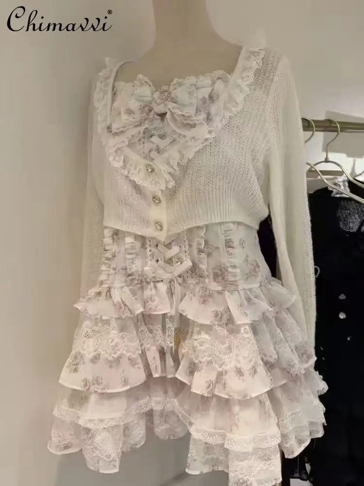 

New 2026 Spring Japanese Sweet Princess Dress Sets Fairy Girls Women Floral Suspender Dress Cardigan Elegant Lolita Sets Women