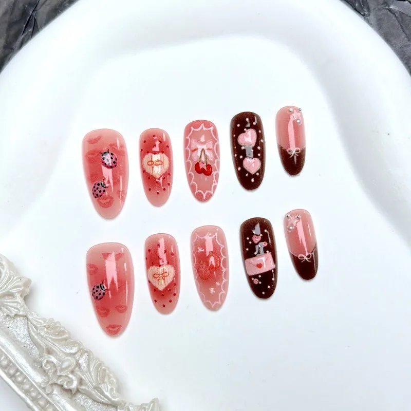 24 قطعة رسالة حلوة اضغط على الأظافر لطيف الكرز Bowknots الخنفساء الفراولة ديكور الأظافر كاذبة أحمر الخدود الوردي اللوز وهمية مسمار XS/S/M #5