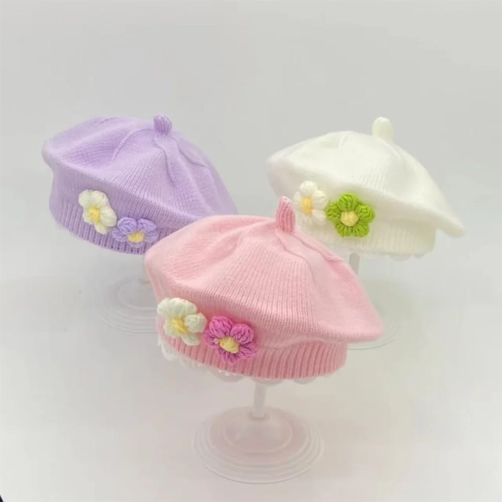 

Модная милая детская шапка-берет с цветочным узором, удобная теплая вязаная шапка, ветрозащитная шапка-бини, осень-зима