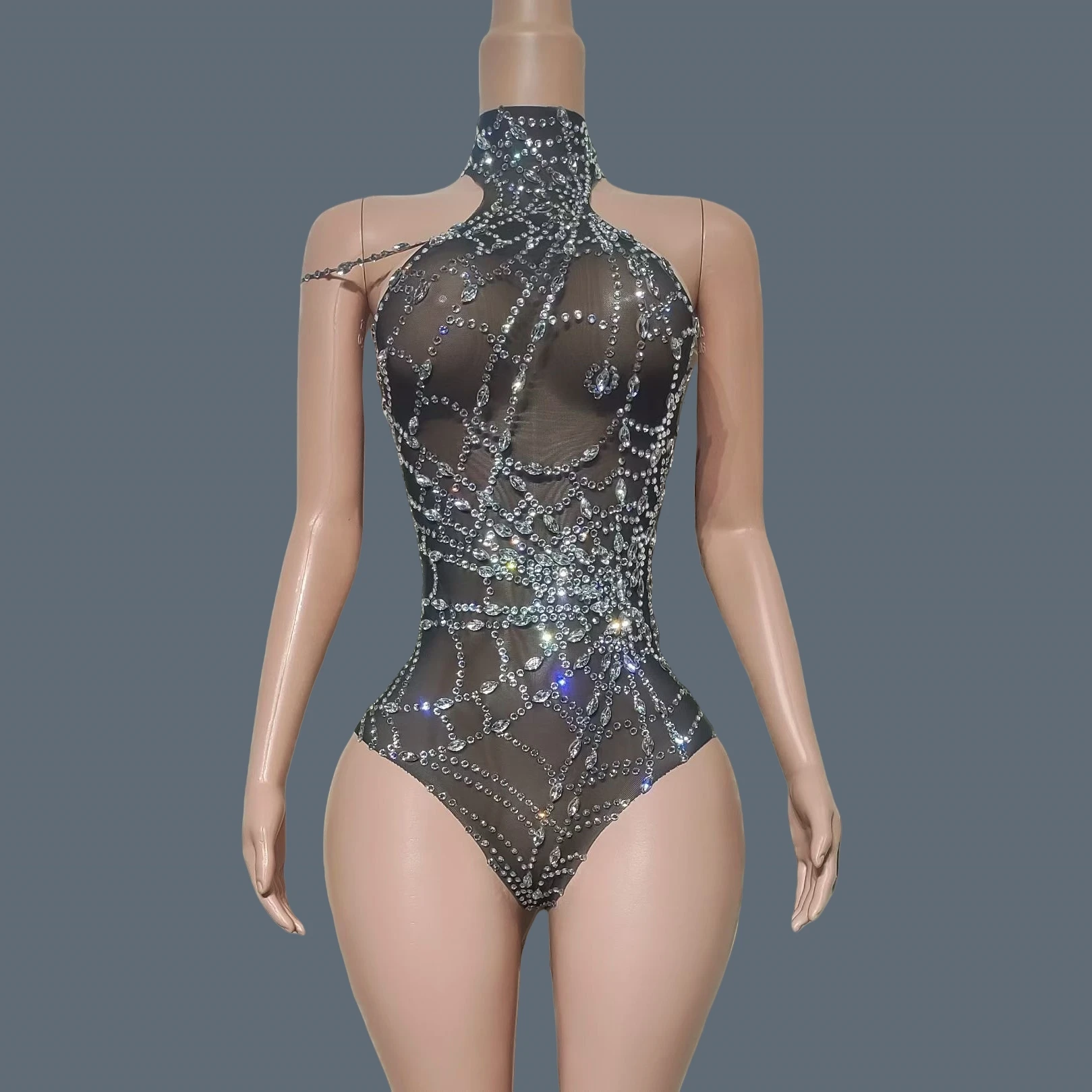 

Женские костюмы на Хэллоуин, блестящее боди с серебряными стразами, черная прозрачная сетчатая танцевальная одежда, наряд для выступления на сцене Zhizhu