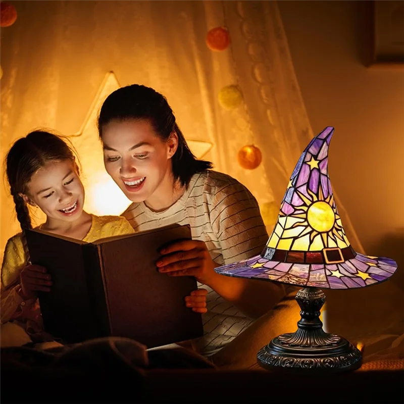 Lámpara de sombrero de bruja de resina ABXF, lámpara gótica con forma de mago, sombrero de bruja de resina alimentado por USB, adorno de luz para decoración de sala de estar y dormitorio
