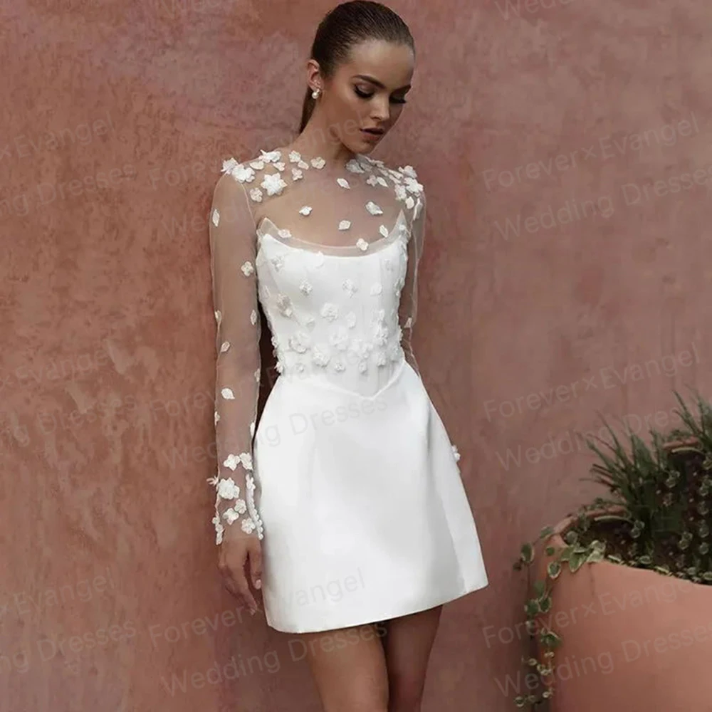 

Luxury Mini Wedding Dresses For Woman A Line Sexy High Neck Illusion Long Sleeve Appliques Bride Gowns Elegant Vestidos De Noche