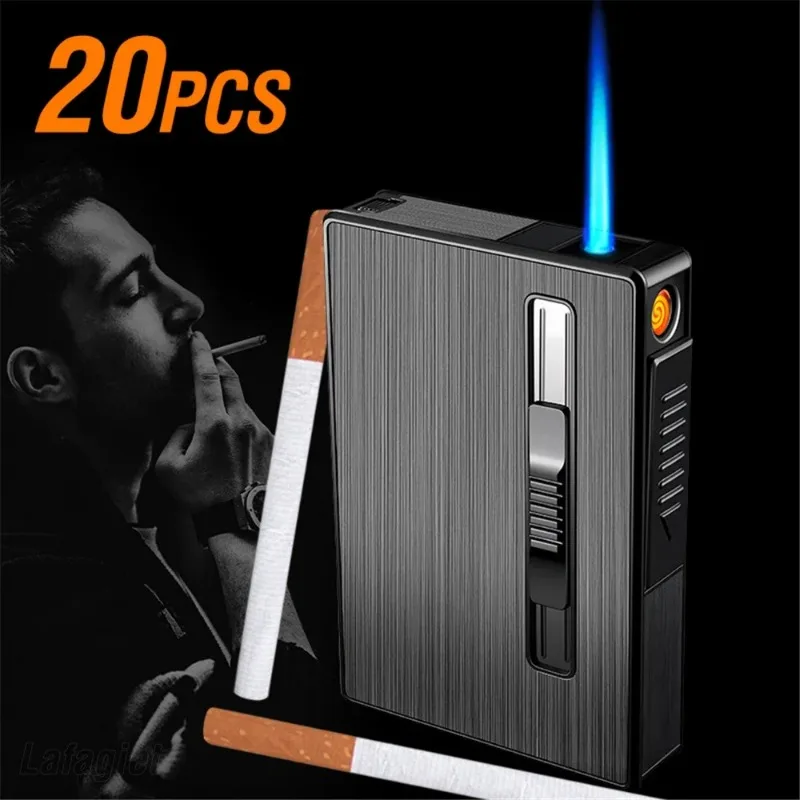 2 in 1 Metal Cigarette Cases with Jet Flame Lighter USB Lighter Holds 20pcs Cigarettes Tobacco Storage Box Smoking Tools