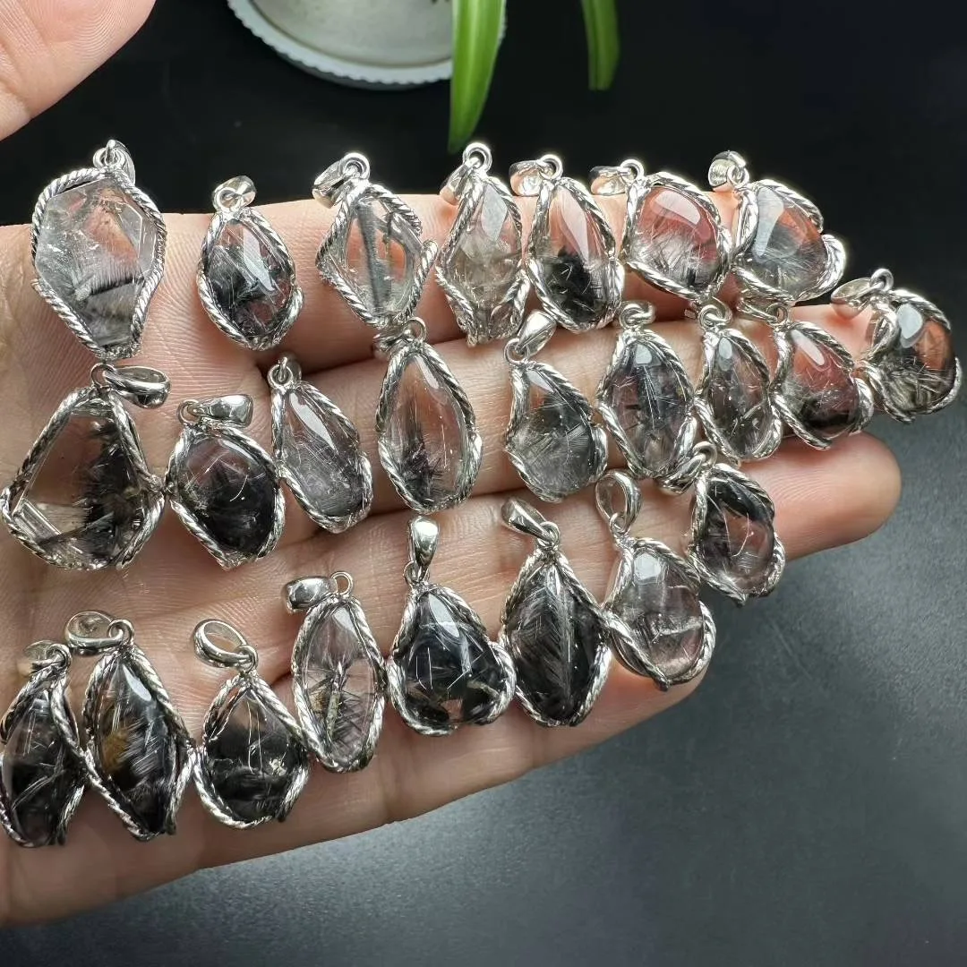 

1Pc Fengbaowu Natural Black Silver Rutilated Quartz Pendant Irregular Shape 925 Sterling Silver Reiki Healing Stone Jewelry Gift
