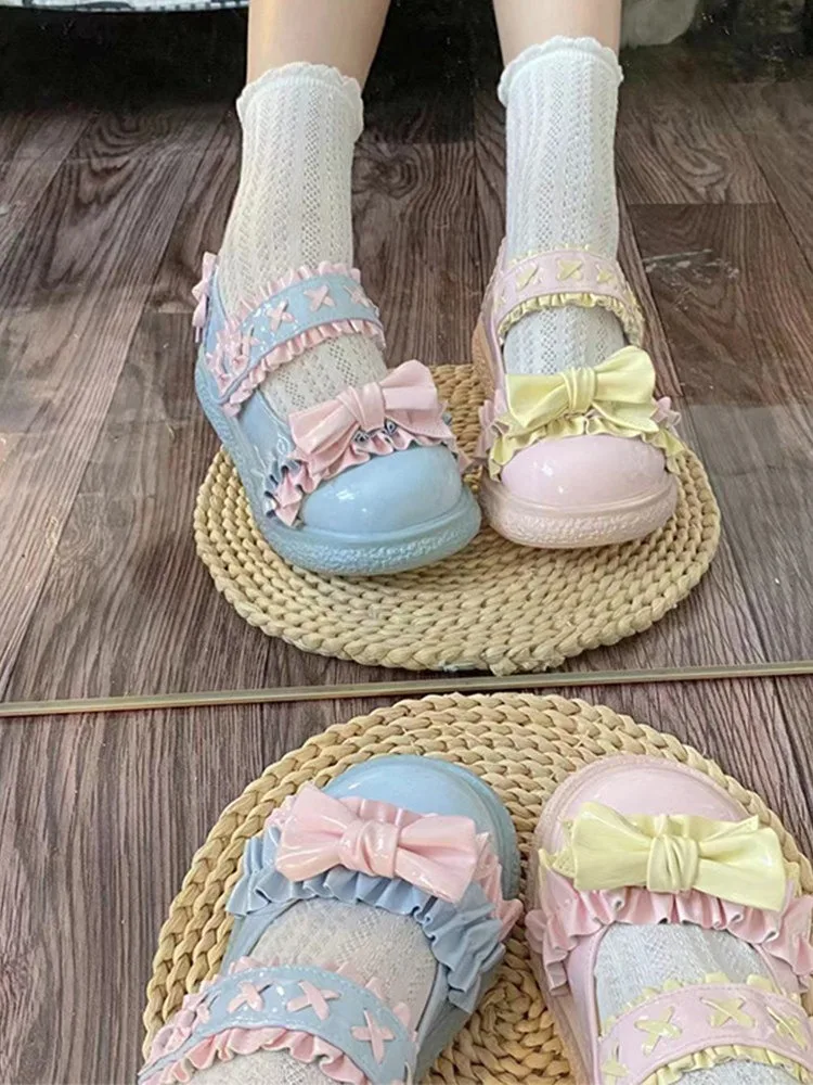 

Sweet Girls Lolita Mary Jane Shoes Pastel Color Bow Ruffle Platform Kawaii Women Cosplay Shoes